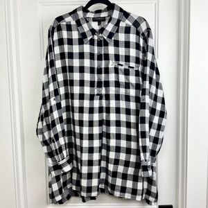 Lane Bryant Plaid Tunic Top Button Up Long Sleeve Black White‎ 22/24
